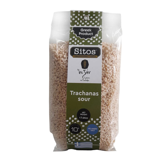 Packaged Trachanas sour with 'Sitos' branding on a white background
