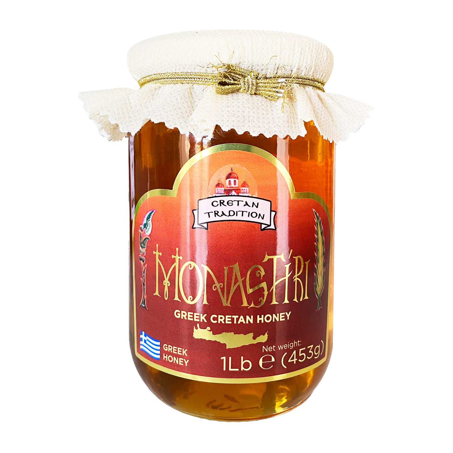 Glass jar of Greek Cretan honey with golden amber color and decorative cloth lid