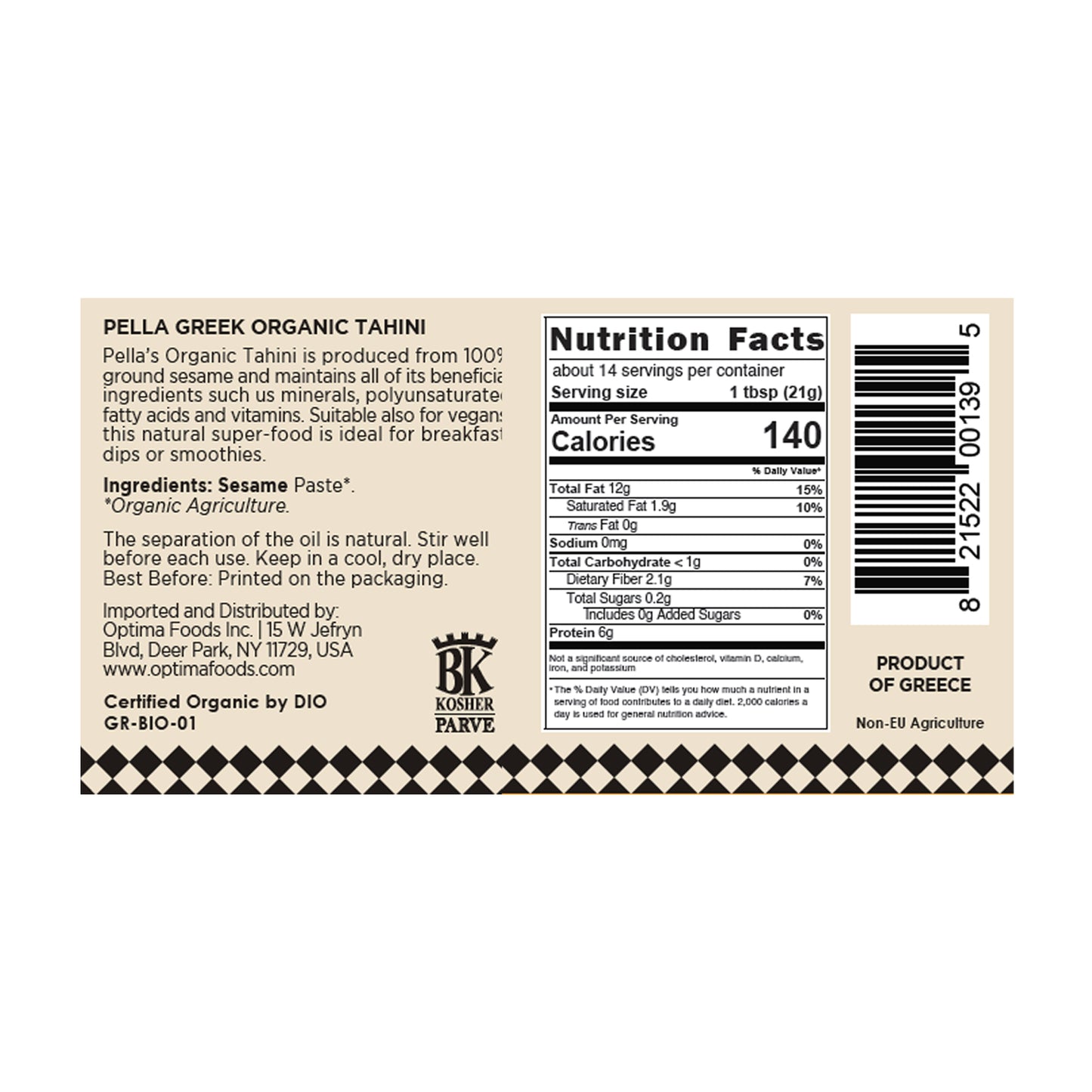 Nutrition facts label for Pella Greek Organic Tahini on a white background