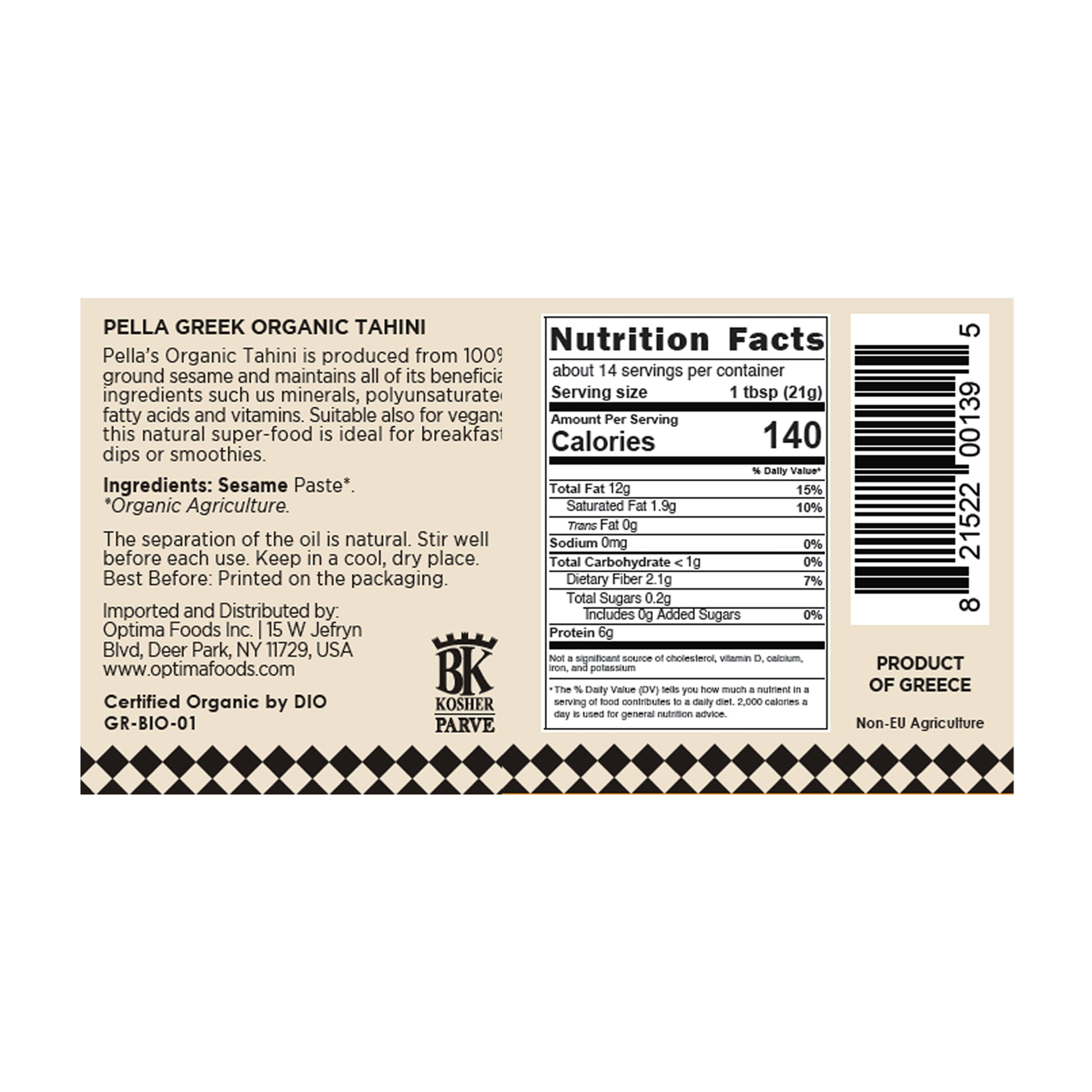 Nutrition facts label for Pella Greek Organic Tahini on a white background