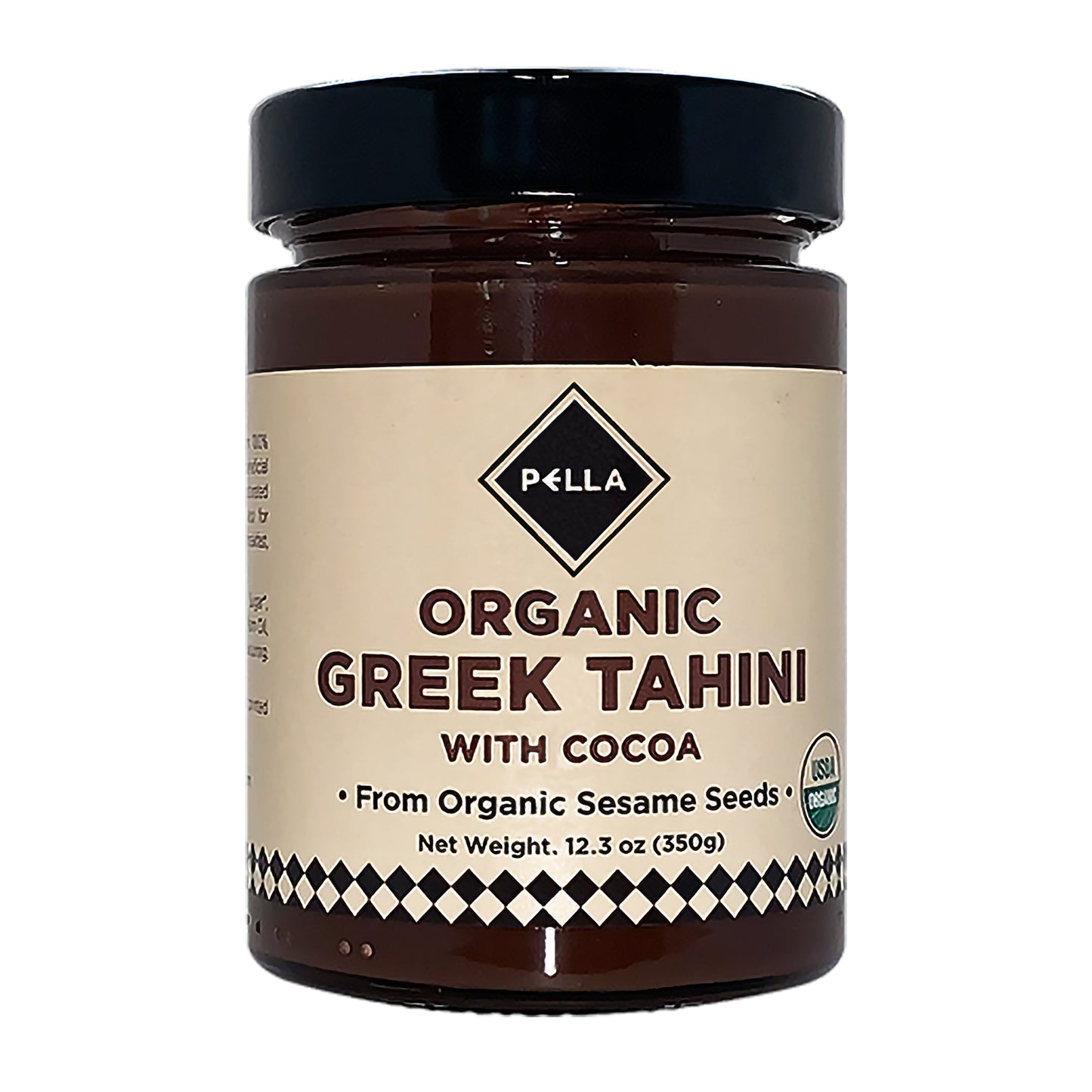 Jar of organic Greek tahini with cocoa chocolate sesame spread with black lid