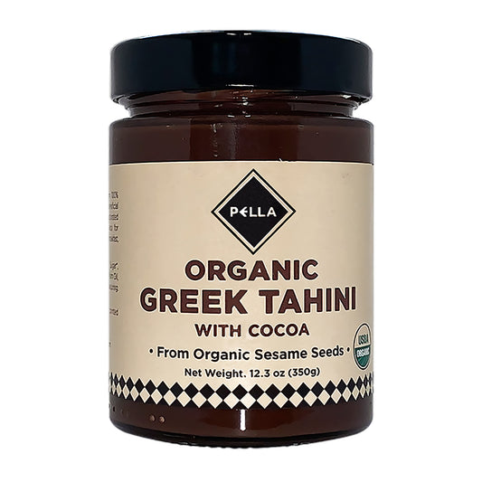 Jar of organic Greek tahini with cocoa chocolate sesame spread with black lid