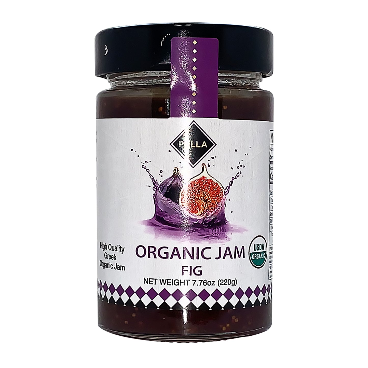 Jar of organic Greek fig jam with black lid and purple label