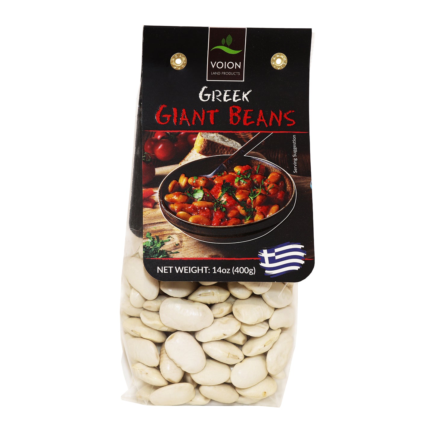 Package of Greek giant beans in clear bag with black label and serving suggestion image
