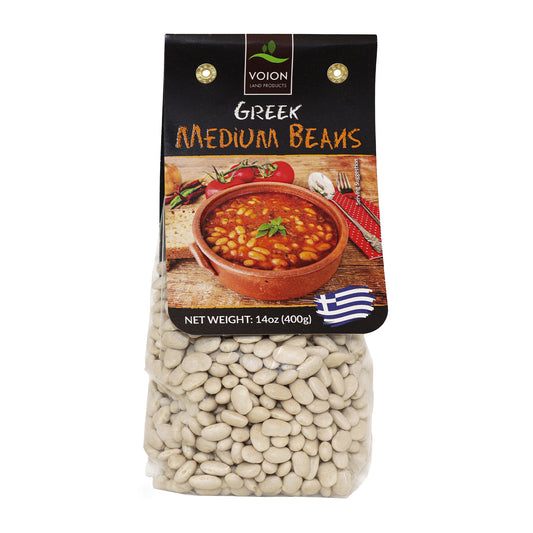 Greek medium beans in clear bag with black label and serving suggestion of bean dish