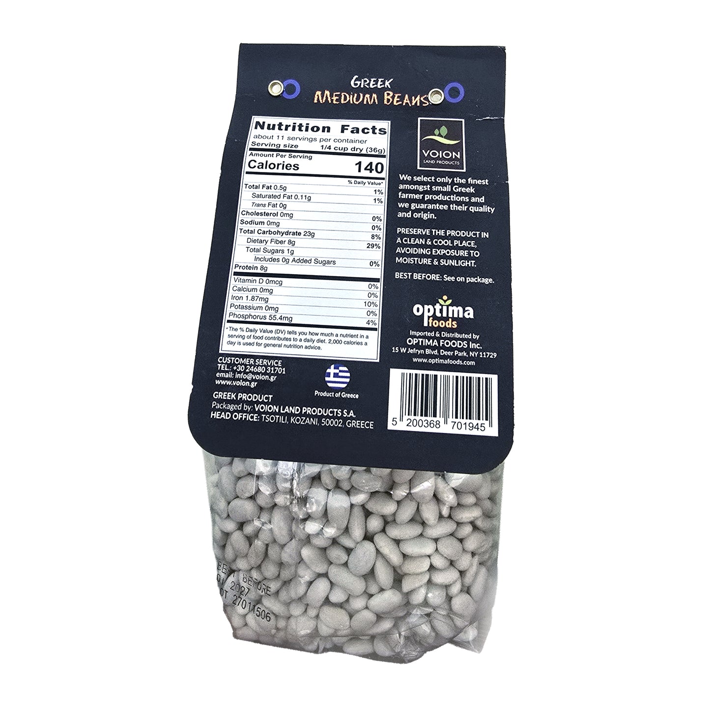 Bag of Greek Medium Beans with nutrition label and branding on a white background