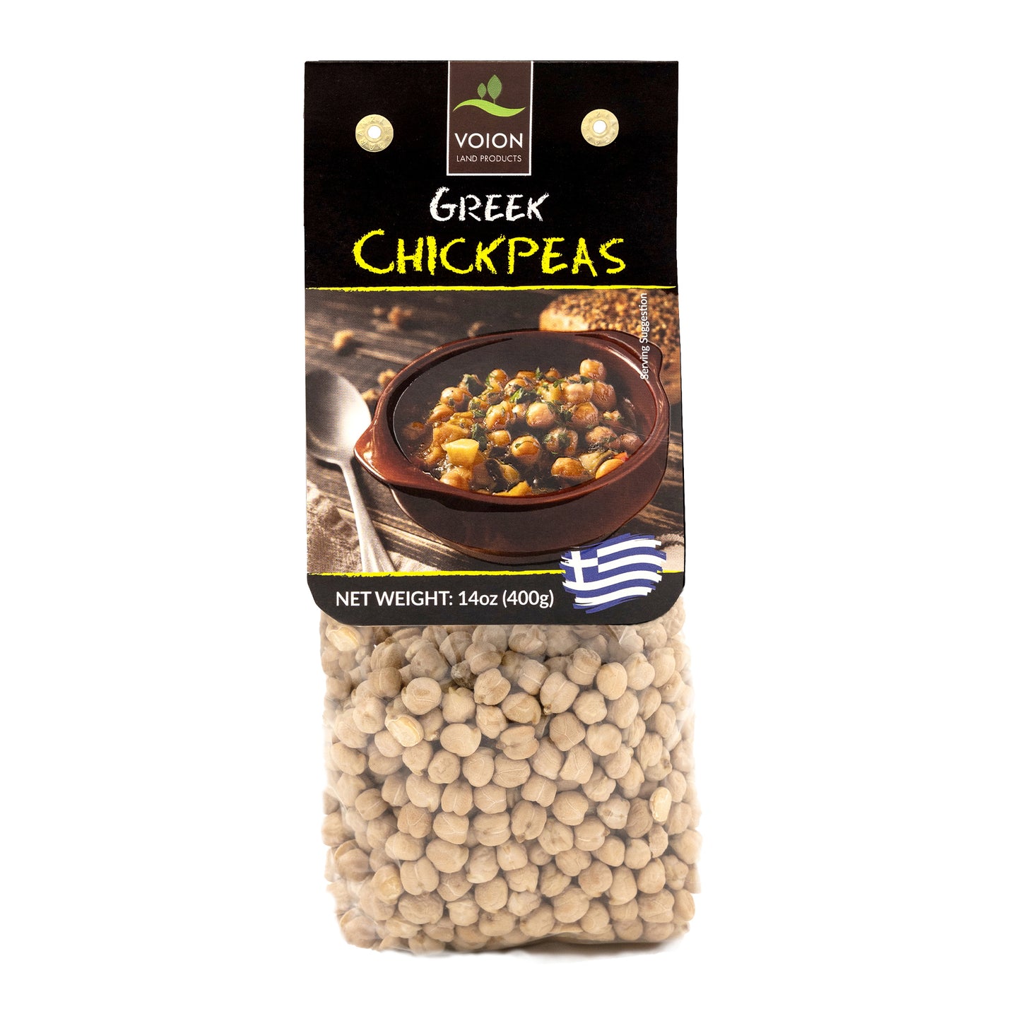 Bag of Greek chickpeas with black label reading “Greek Chickpeas,” showing a bowl of cooked chickpeas and a Greek flag, 14 oz package.