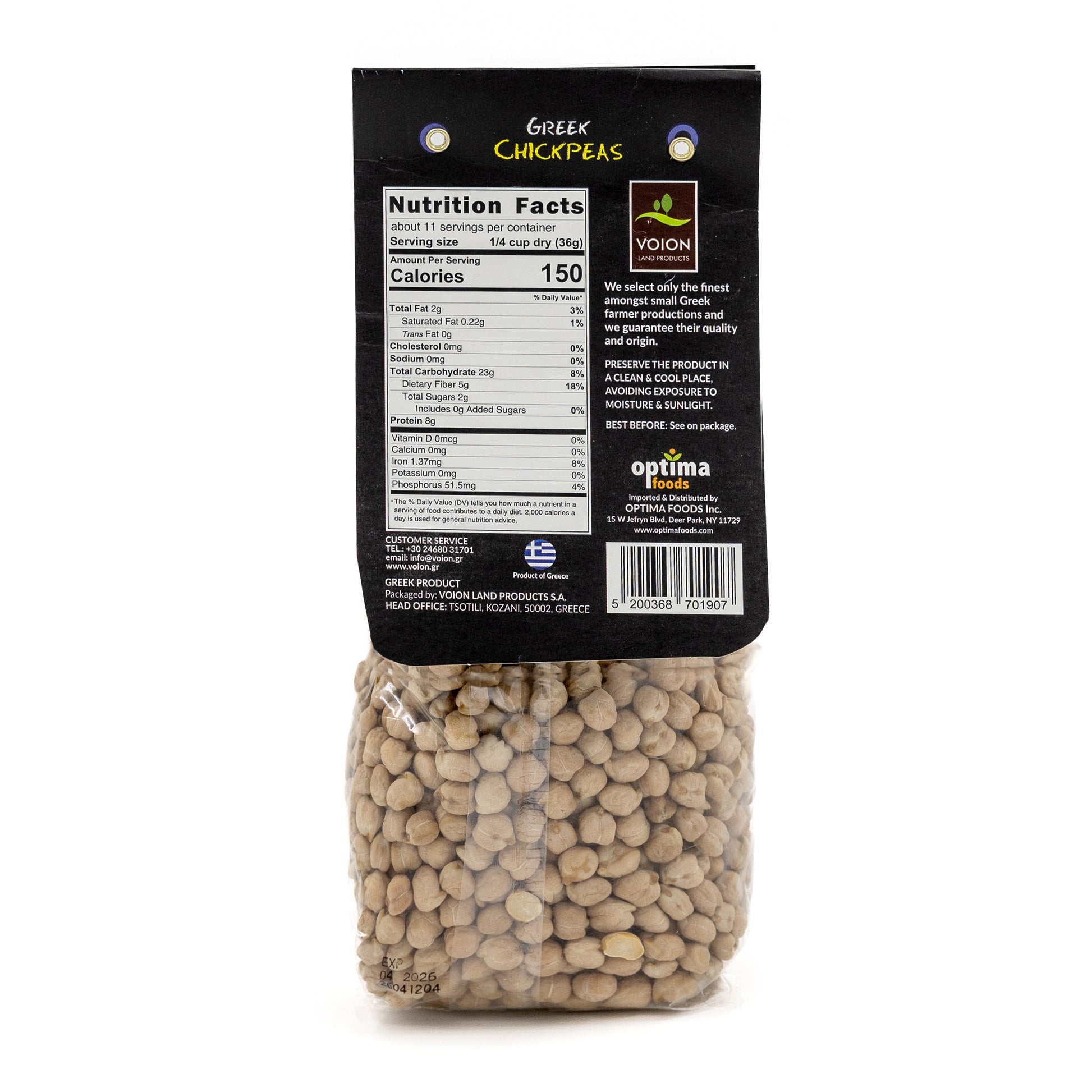 Bag of chickpeas with a black label displaying nutrition facts and branding.
