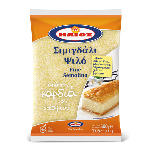 Bag of fine semolina with orange and white packaging labeled “Fine Semolina,” showing a dessert slice and vanilla pods, 500g package