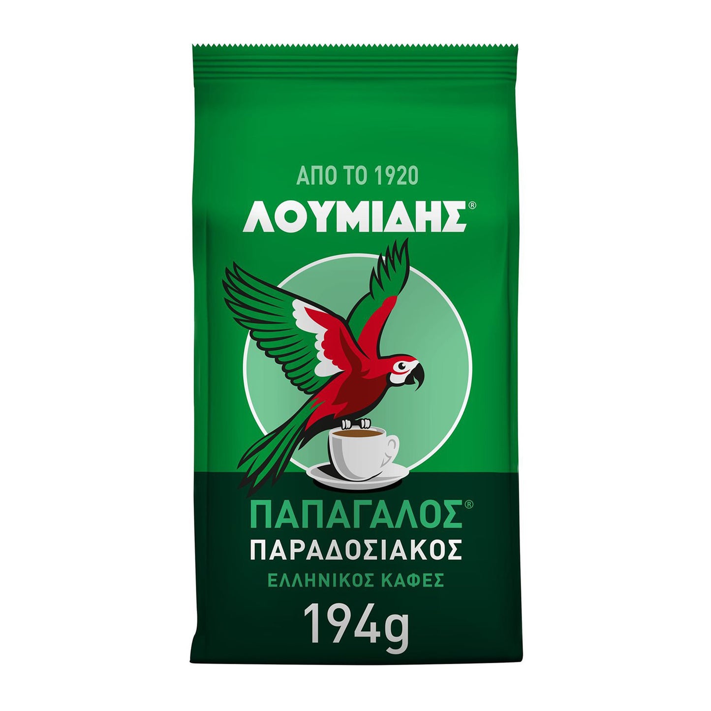 Green package of traditional Greek coffee with red parrot logo and cup illustration, labeled 194g.