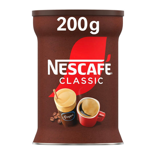 Container of Nescafé Classic instant coffee labeled 200g, showing hot coffee and iced frappé on brown packaging