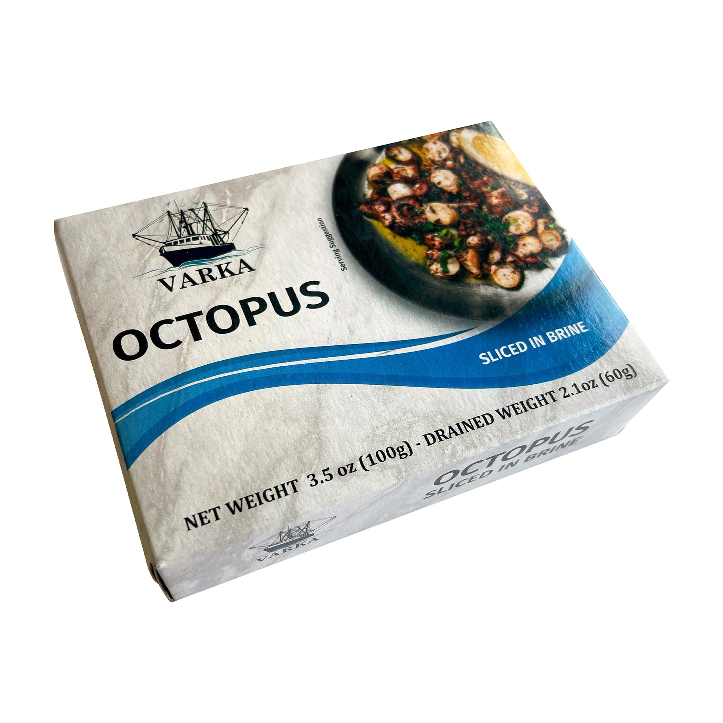 Box of Varka octopus sliced in brine showing plated octopus dish, labeled 3.5 oz.