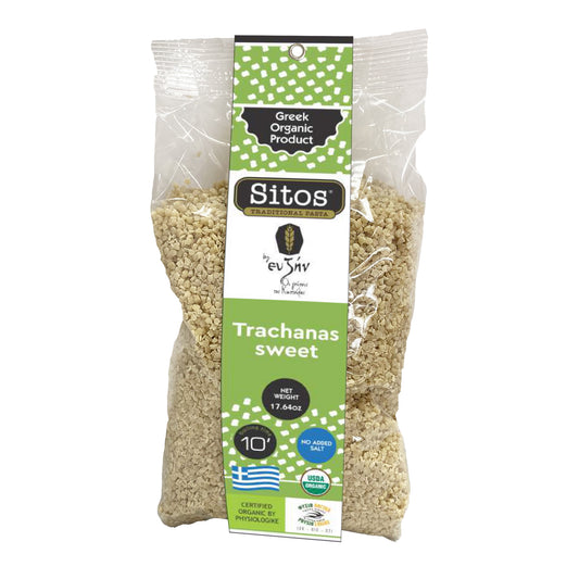 Bag of Sitos sweet trahanas labeled Greek organic product, showing small pasta grains in clear packaging, 17.64 oz.