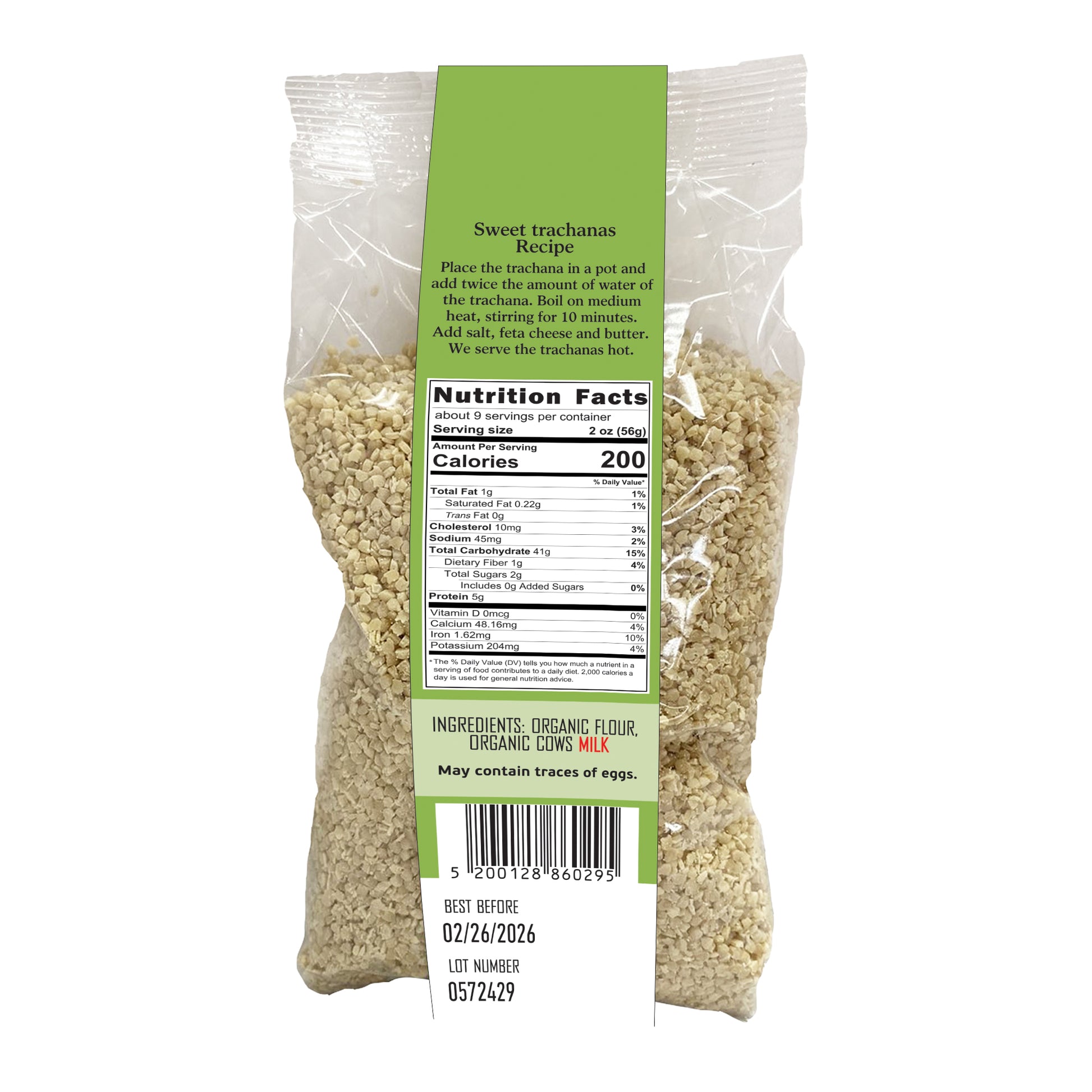 Back of Sitos trahanas package with recipe instructions, nutrition facts, ingredients listing organic flour and milk, and barcode.