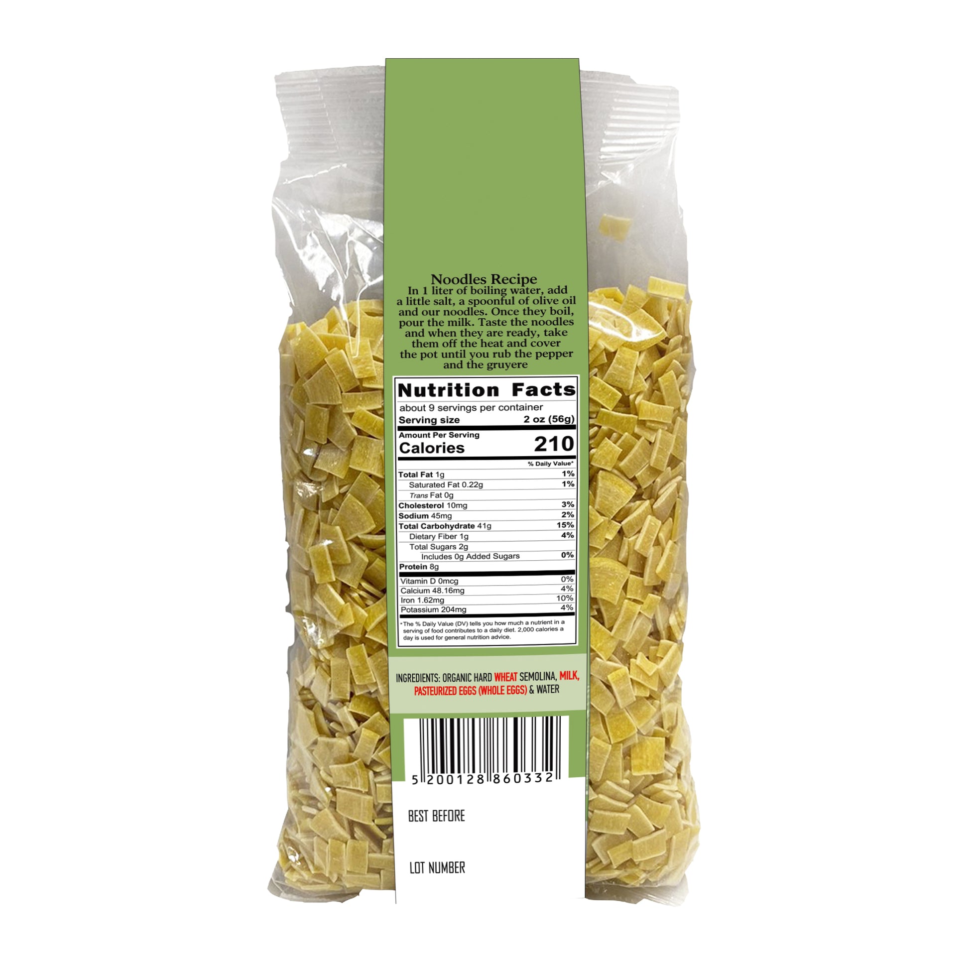Back of Sitos noodles package with nutrition facts, ingredients including wheat, milk, and eggs, and barcode