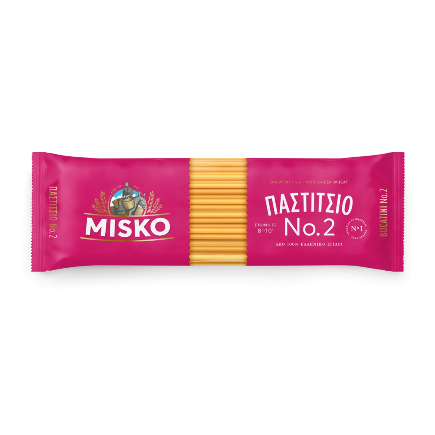 Package of Misko Pastitsio No. 2 pasta showing thick tubular noodles in pink packaging, 500g
