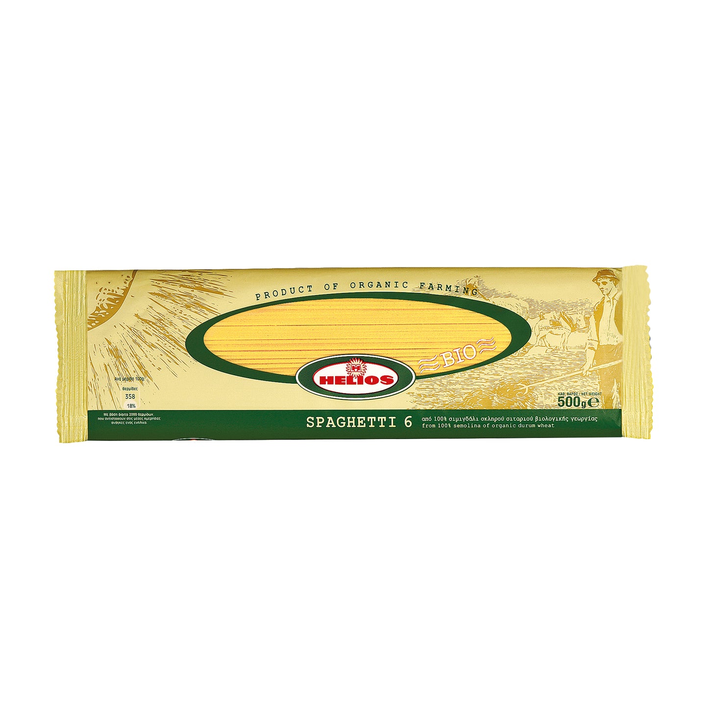 Package of Helios organic spaghetti No. 6 showing long pasta in 500g packaging