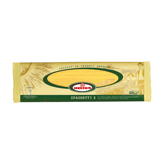 Package of Helios organic spaghetti No. 6 showing long pasta in 500g packaging