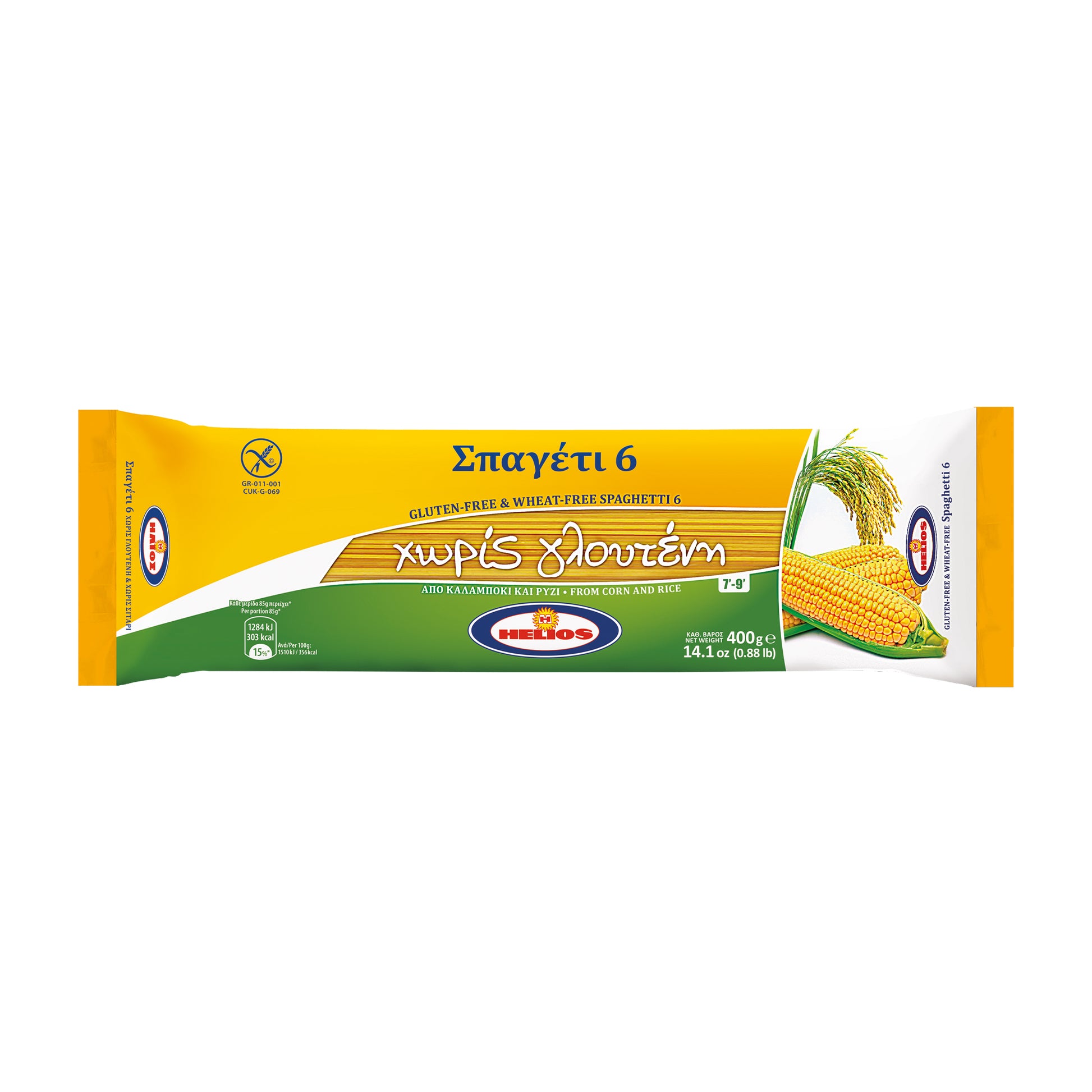 Packaged gluten-free pasta with corn on a white background