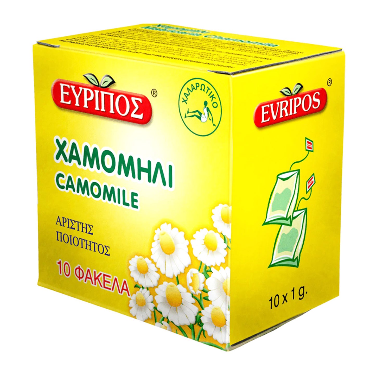 Box of Evripos Greek chamomile tea with yellow packaging and chamomile flowers, 10 tea bags