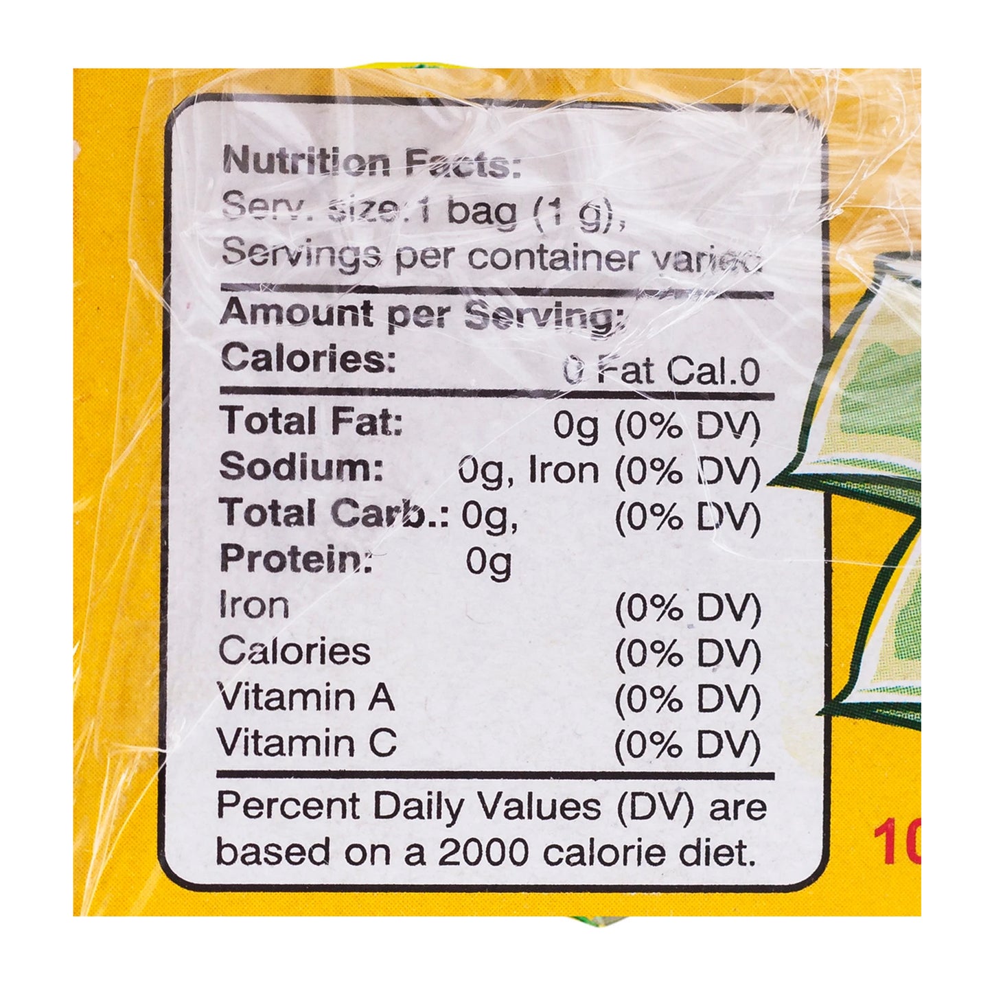 Chamomile tea nutrition facts label showing zero calories and ingredient information