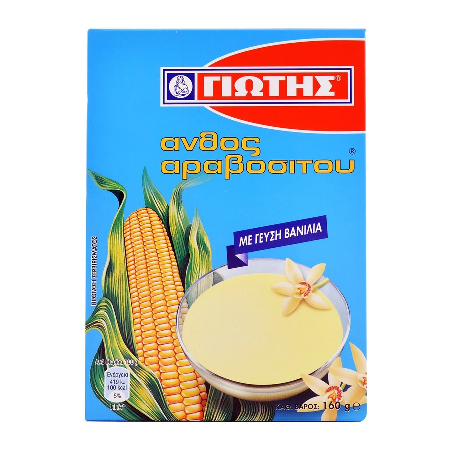 Box of JOTIS Greek vanilla cornstarch pudding mix with corn and vanilla illustration on blue packaging.