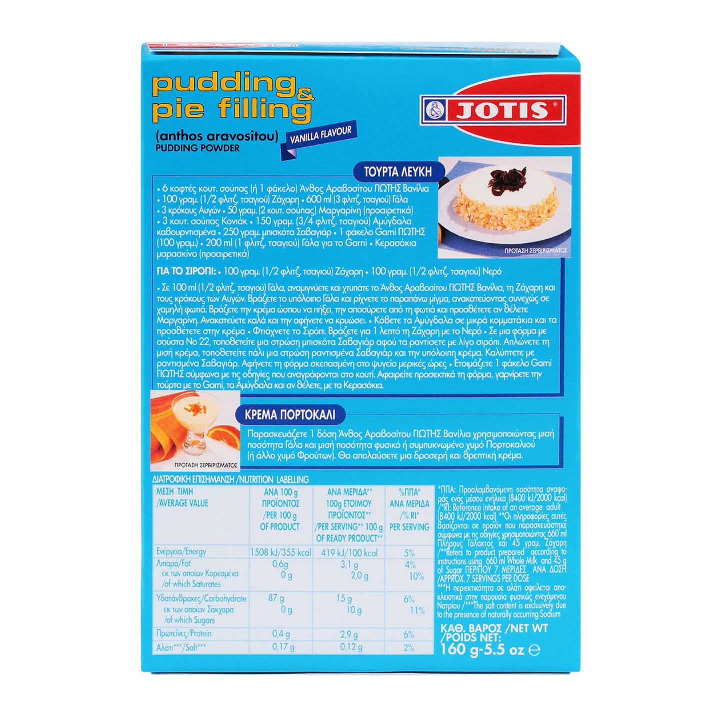 Back of pudding mix box showing preparation instructions, nutrition facts, and recipe suggestions.