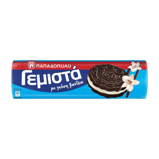 Package of Papadopoulou Gemista Greek chocolate sandwich biscuits with vanilla cream filling
