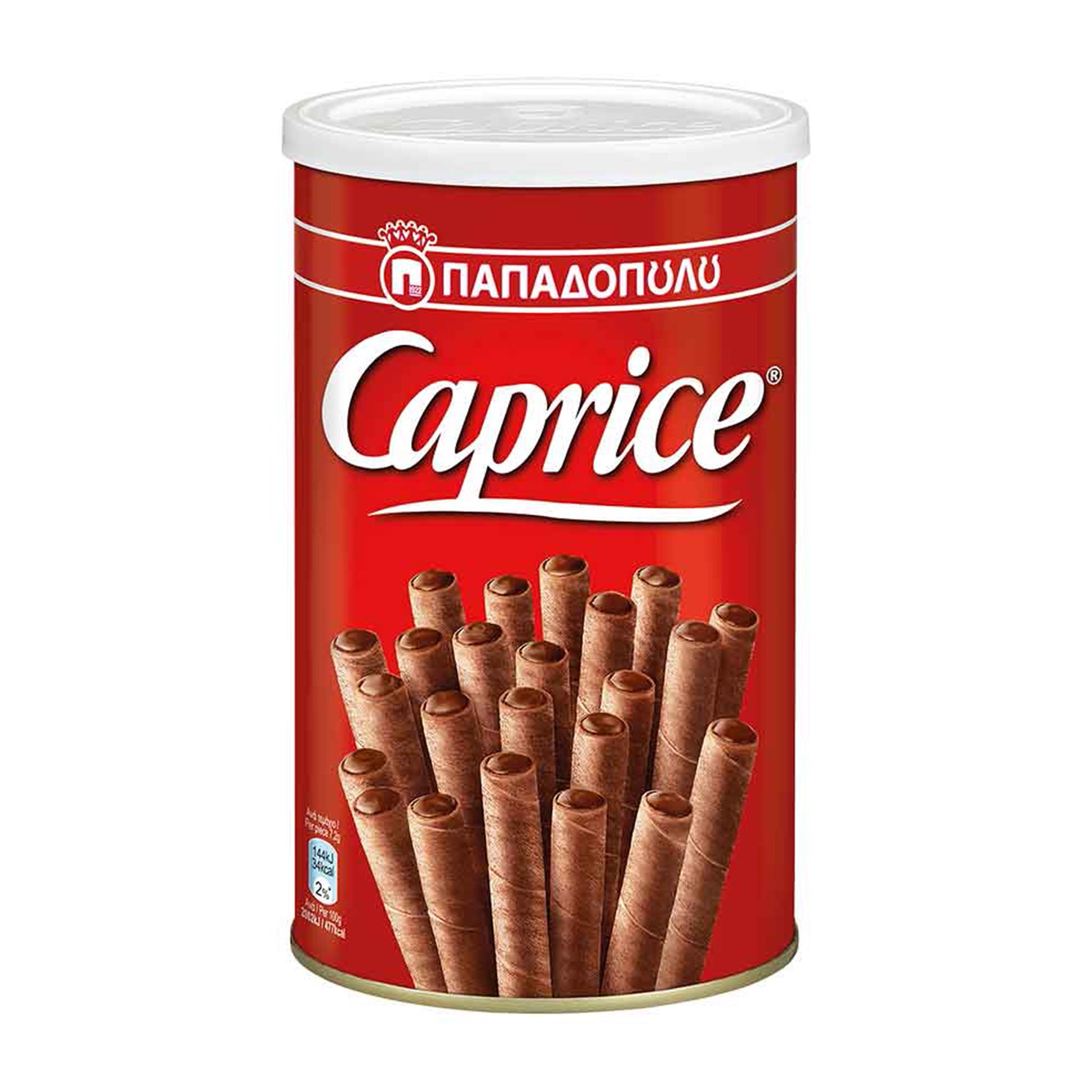 Red tin of Papadopoulos Caprice wafer rolls filled with cocoa and hazelnut cream