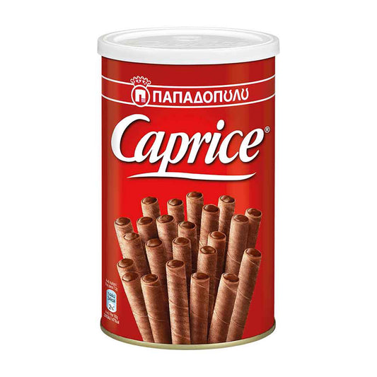 Red tin of Papadopoulos Caprice wafer rolls filled with cocoa and hazelnut cream