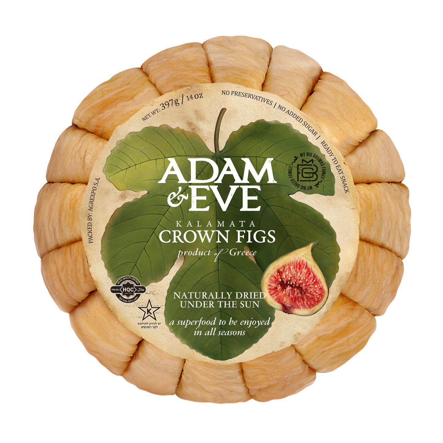 Round package of Adam & Eve Kalamata crown figs arranged in a ring with label showing product of Greece.