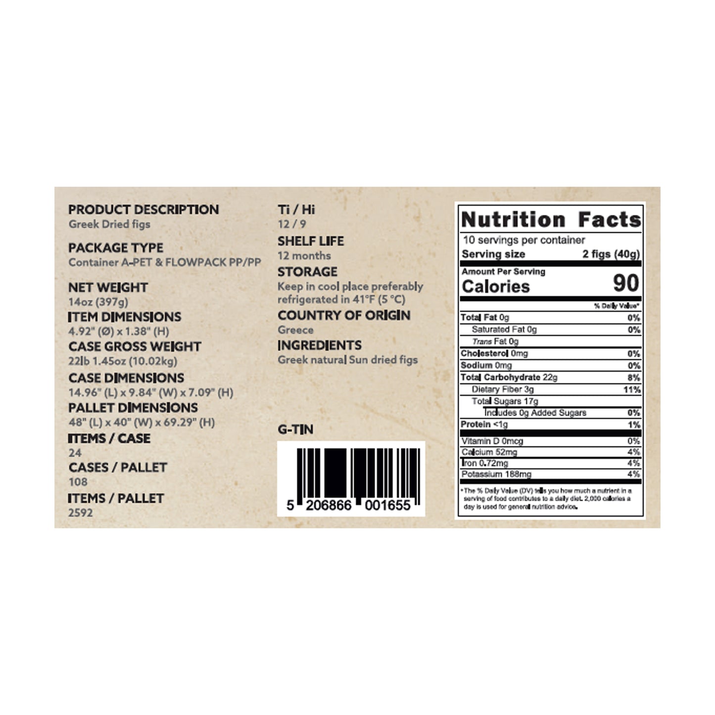 Product information panel with nutrition facts, storage instructions, and ingredient listing for Greek dried figs