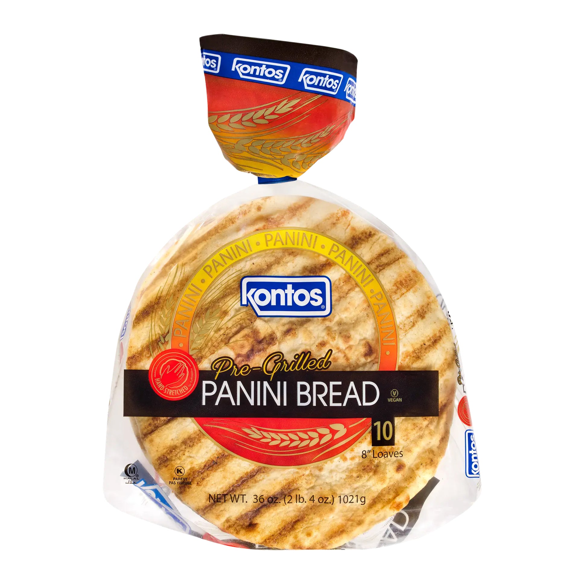 Package of Kontos pre-grilled panini bread with 10 round flatbreads inside a clear plastic bag