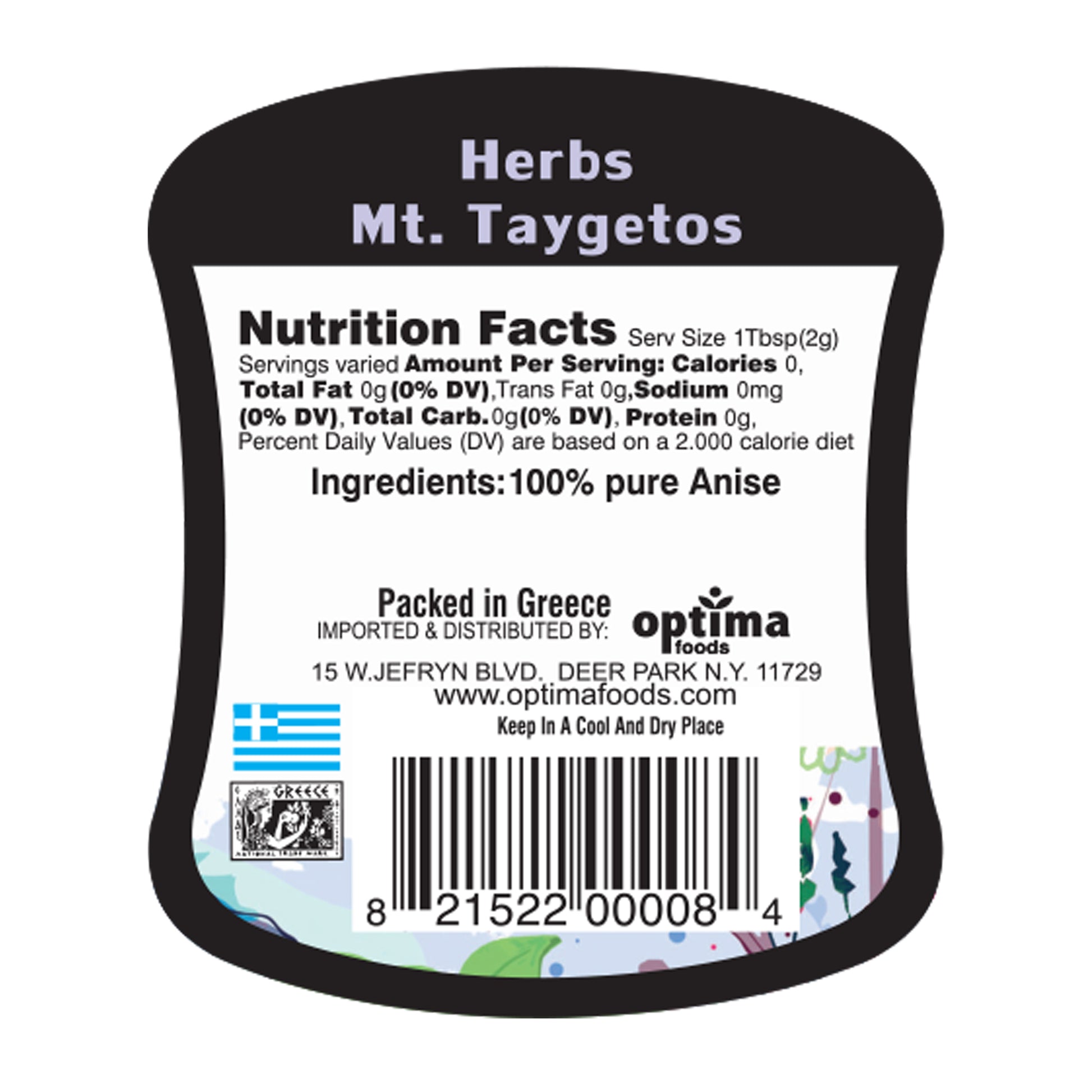 Label of Herbs Mt. Taygetos with nutrition facts and ingredient information.