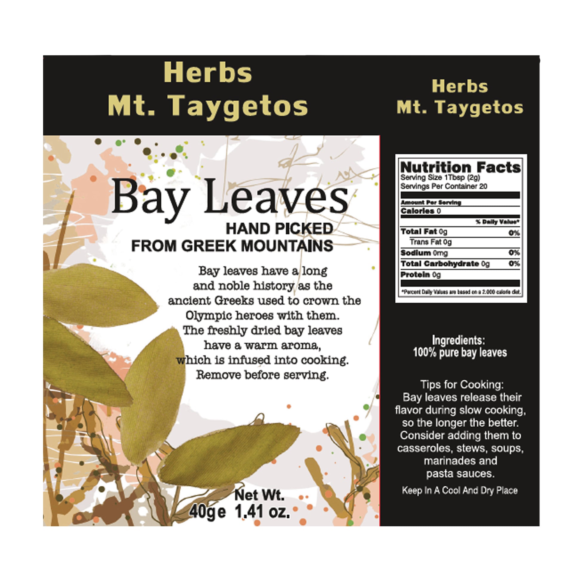 Label for Herbs Mt. Taygetos Bay Leaves with text and leaf illustration.