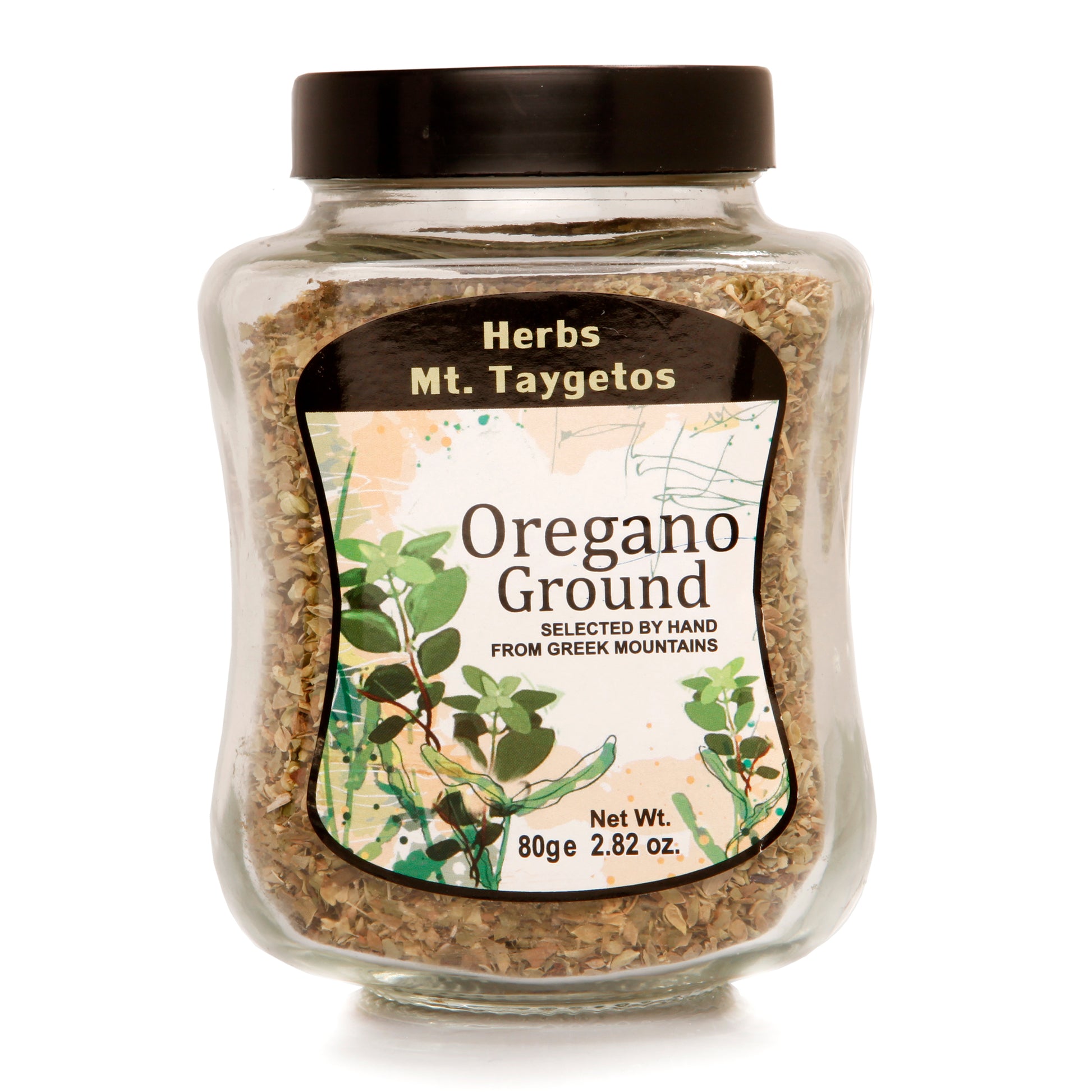 Jar of oregano ground by Herbs Mt. Taygetos on a white background