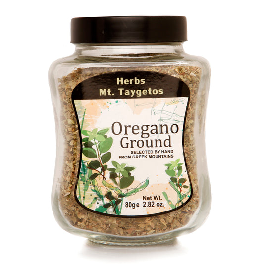 Jar of oregano ground by Herbs Mt. Taygetos on a white background