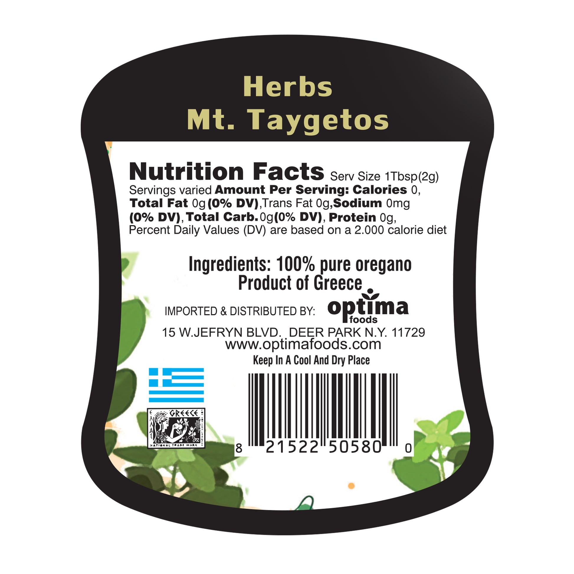 Label of Herbs Mt. Taygetos with nutrition facts and ingredients on a white background
