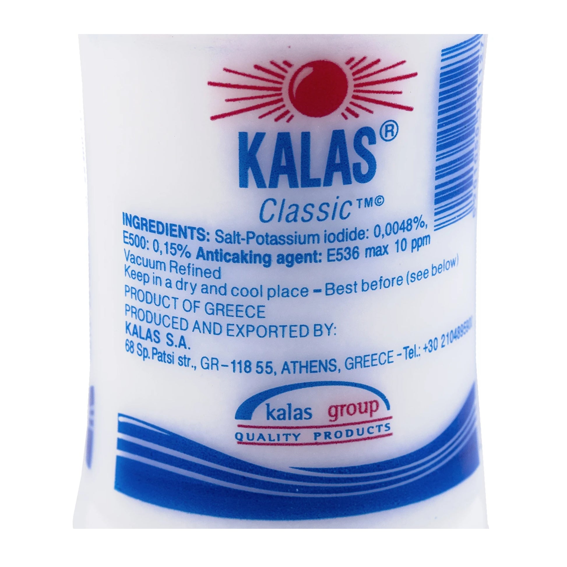 Nutrition facts label for Kalas iodized sea salt showing sodium and iodine content