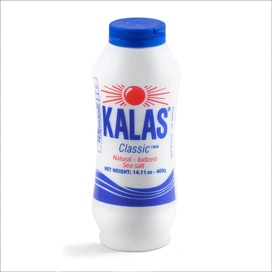 Bottle of Kalas classic iodized sea salt with blue cap and white label