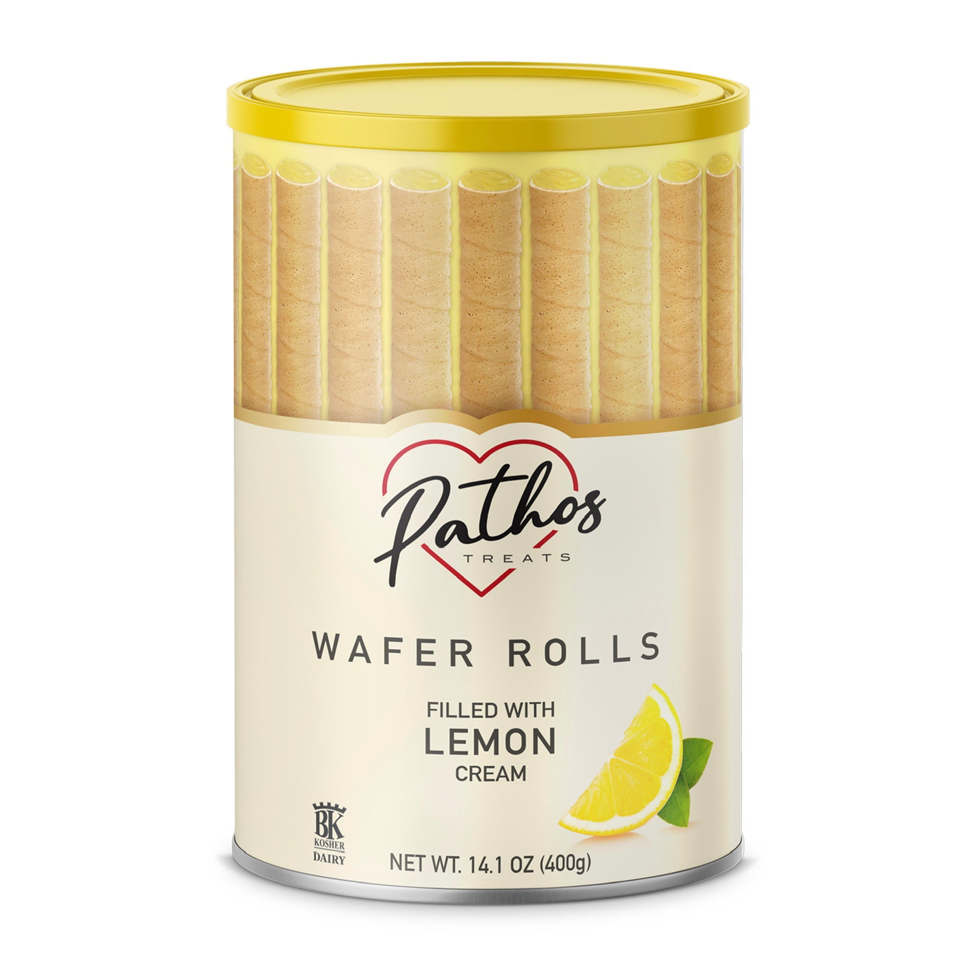 Tin container of Pathos lemon wafer rolls with yellow lid and lemon image
