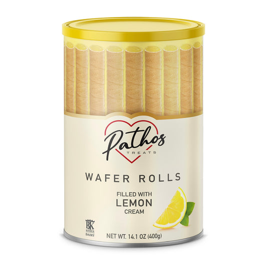 Tin container of Pathos lemon wafer rolls with yellow lid and lemon image