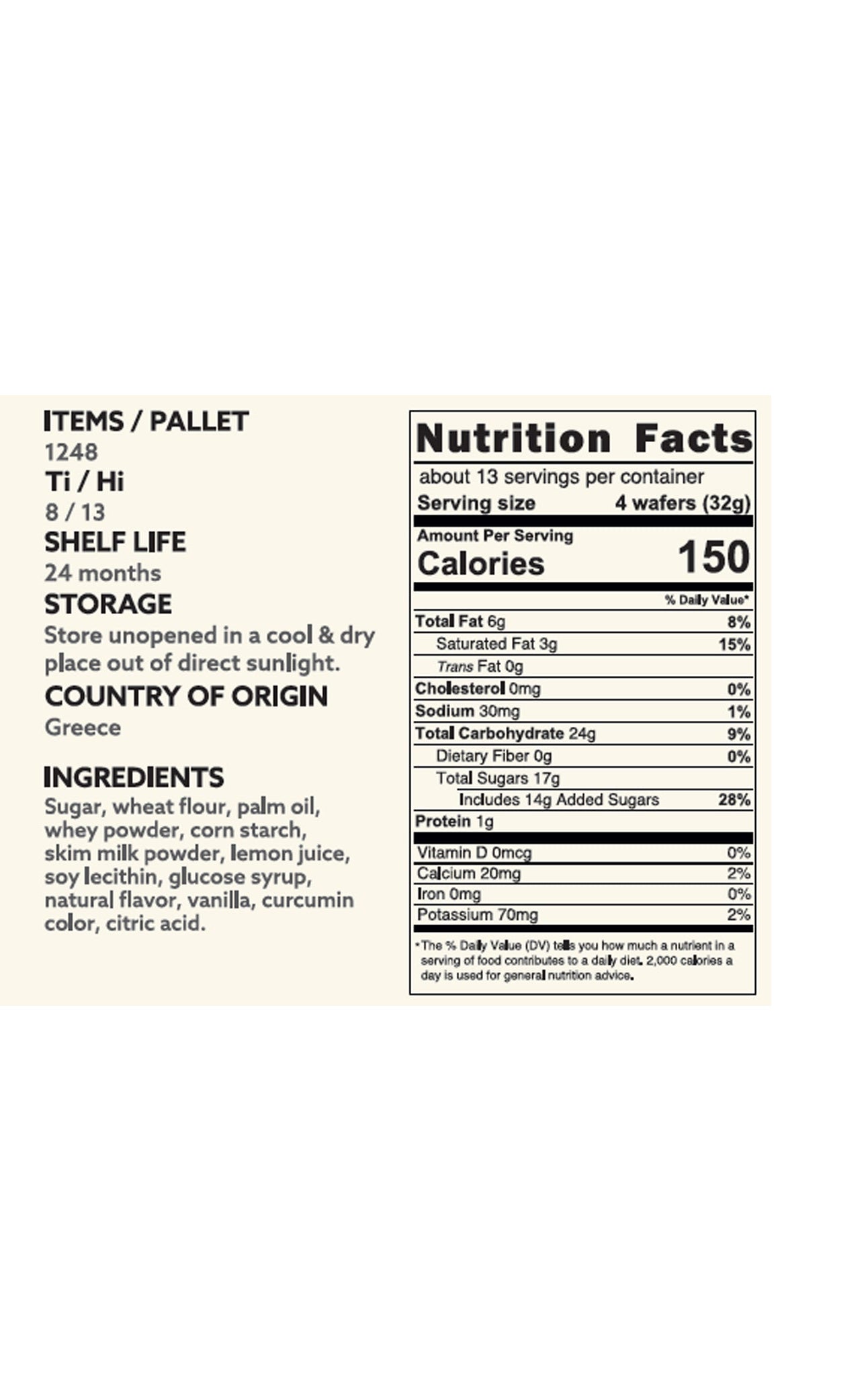 Back label of Pathos wafer rolls showing nutrition facts and ingredients