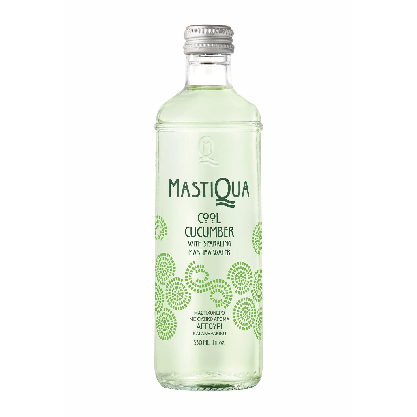 Bottle of MastiQuA cool cucumber sparkling mastiha water with green design