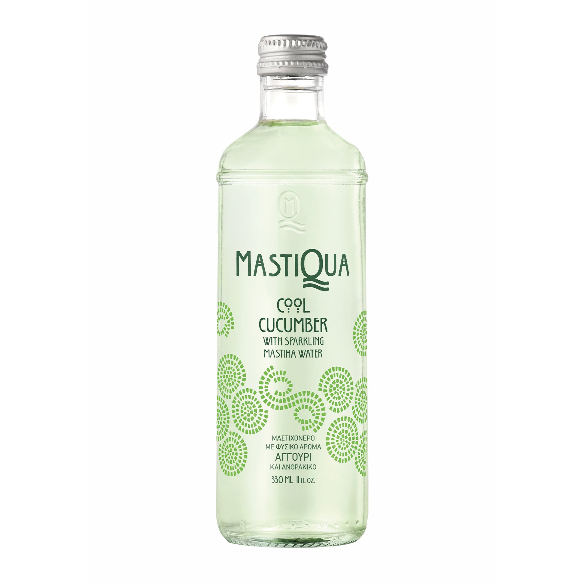 Bottle of MastiQuA cool cucumber sparkling mastiha water with green design