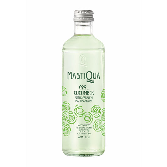 Bottle of MastiQuA cool cucumber sparkling mastiha water with green design