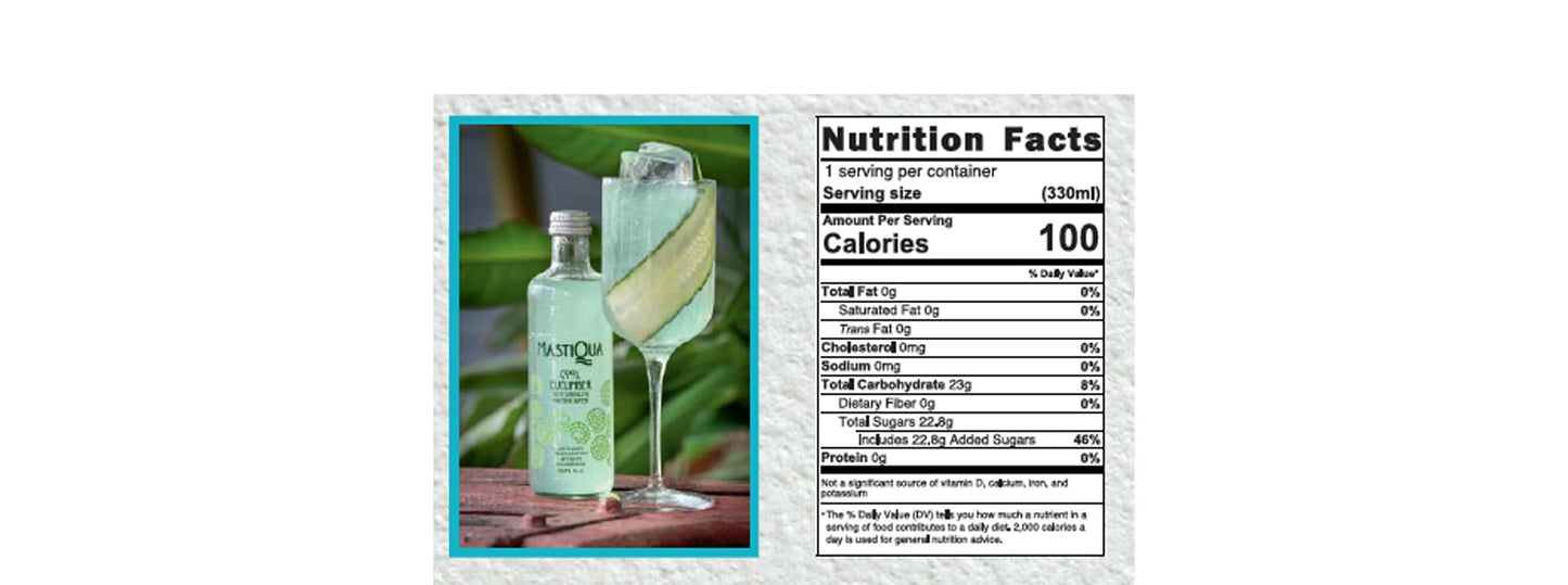 Product information panel for MastiQuA beverage showing nutrition facts