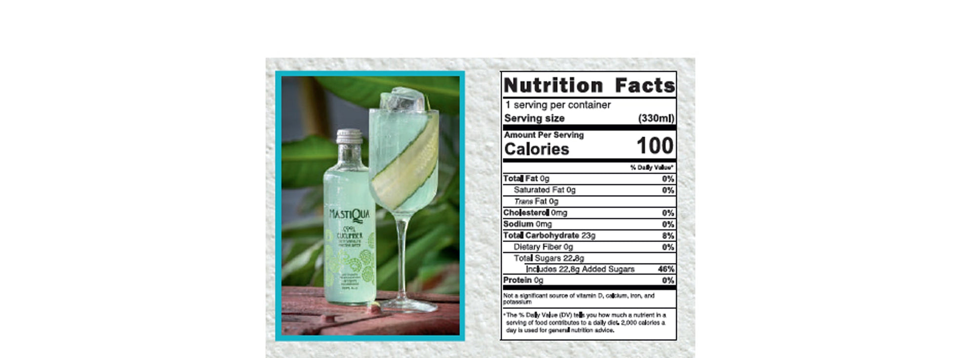 Product information panel for MastiQuA beverage showing nutrition facts