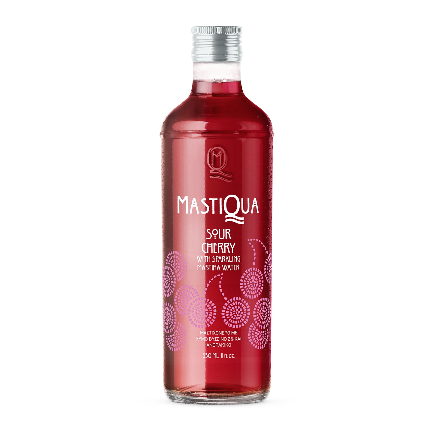 Bottle of MastiQuA sour cherry sparkling mastiha water with red color