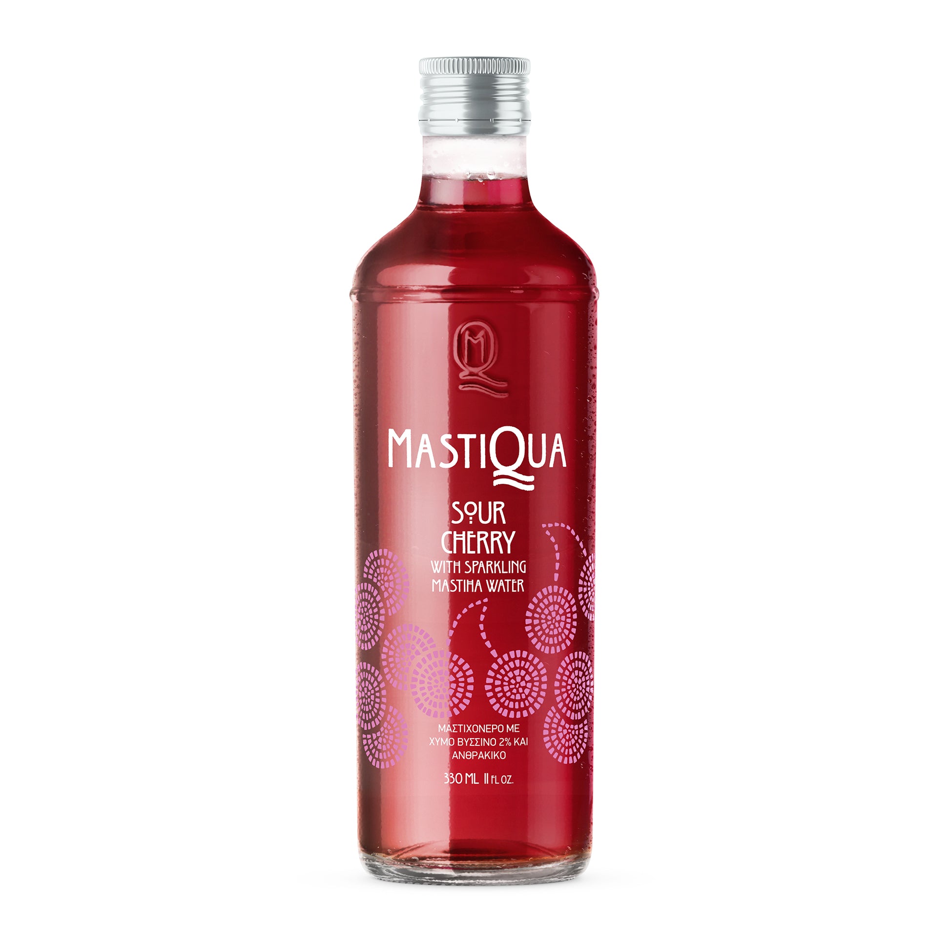 Bottle of MastiQuA sour cherry sparkling mastiha water with red color